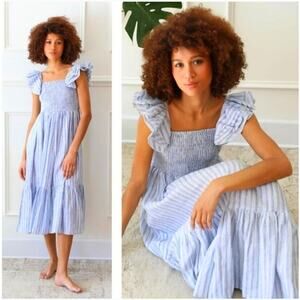 Tuckernuck Mille Olympia Smock Midi Dress L Cottagecore Stripe Linen Ruffle Blue